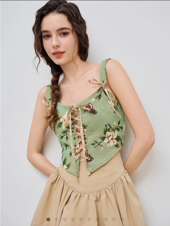 Cider Tops - Cider Green Floral Lace-Up Crop Top